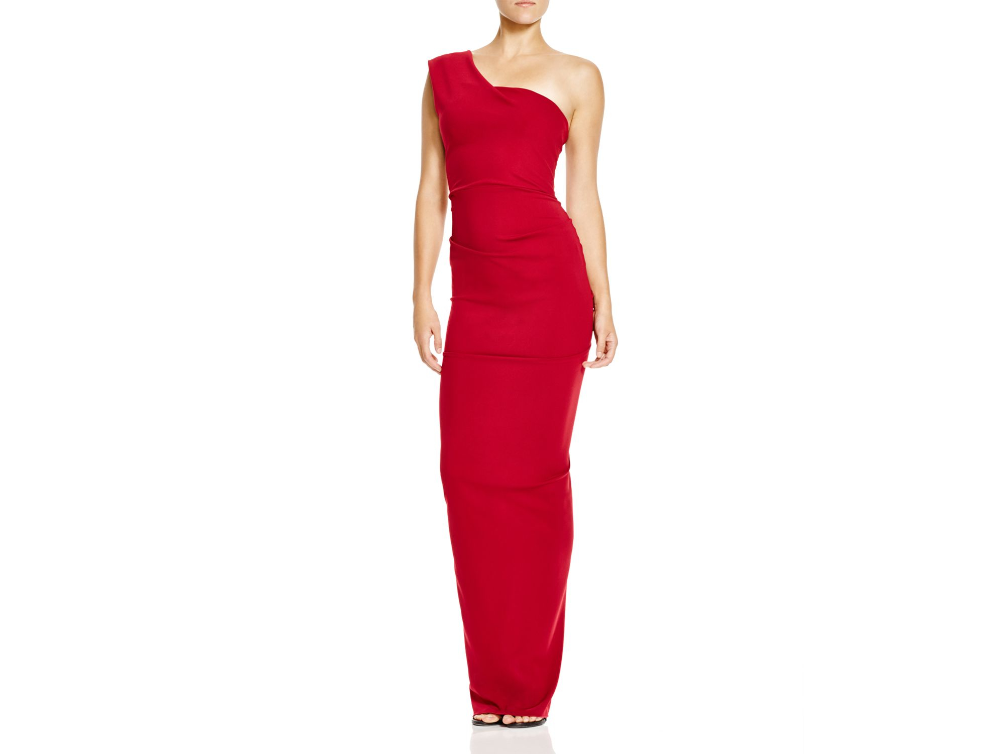 nicole bakti strapless ruffle back gown