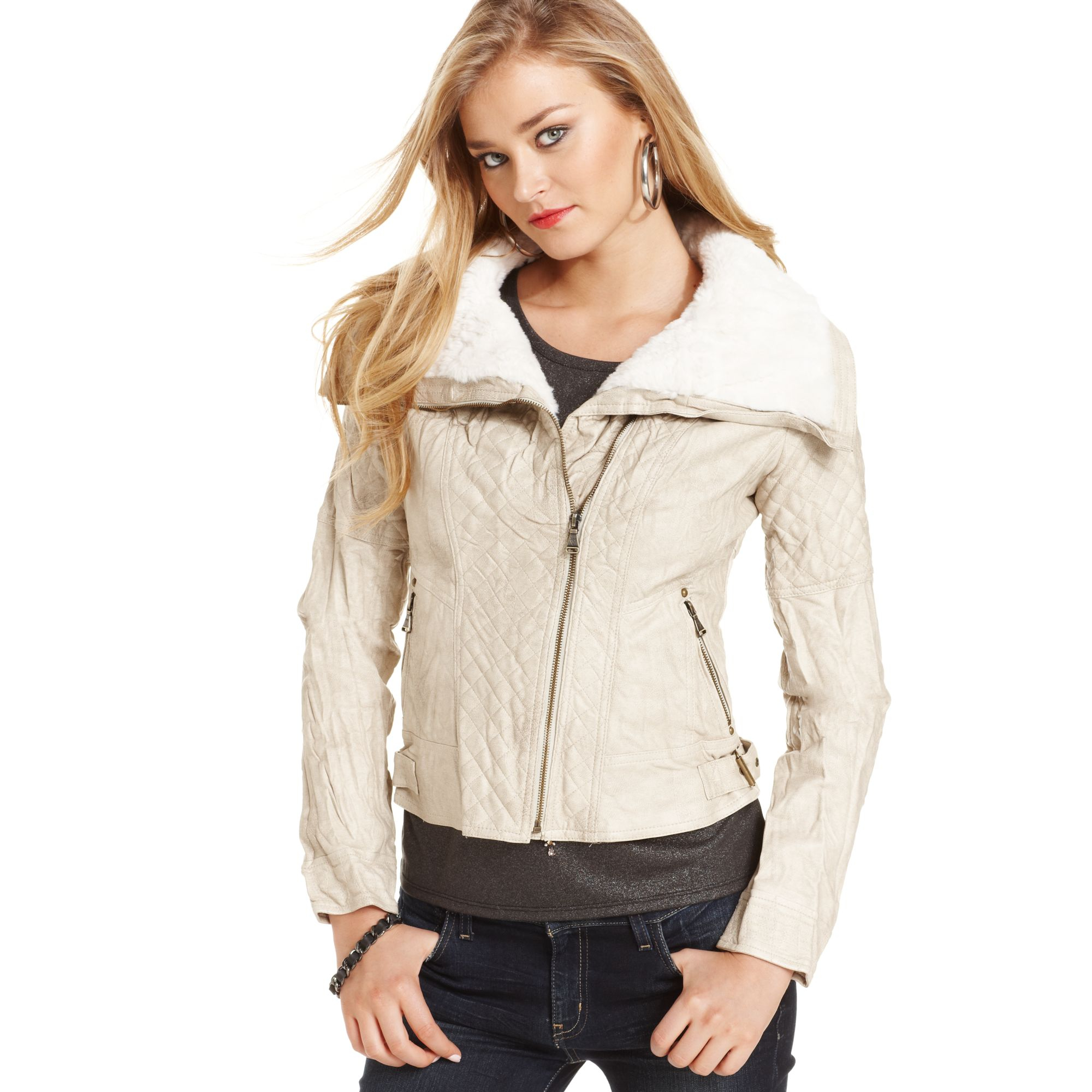 Lyst Guess Jacket Fauxleather Fauxfurtrim Moto In Natural Gallery