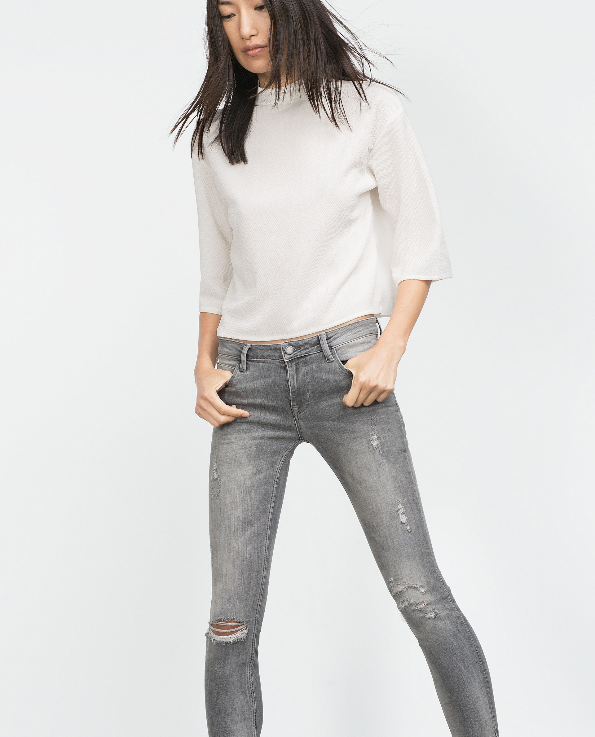 Zara Ripped Mid-rise Jeans in Gray | Lyst