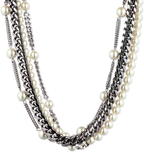 Givenchy Silver Tone Faux Pearl and Chain Multirow Necklace in Silver ...