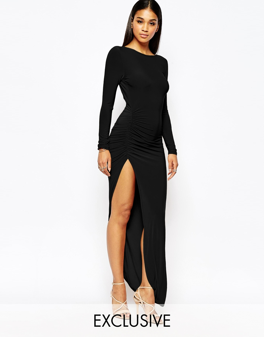 Club L Slinky Ruched Detail Dress With Extreme Low Back in Black | Lyst