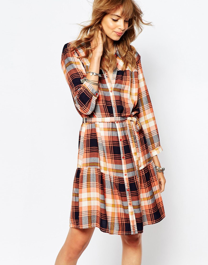  Vila  Check Shirt  Dress  With Tie Waist in Brown Lyst