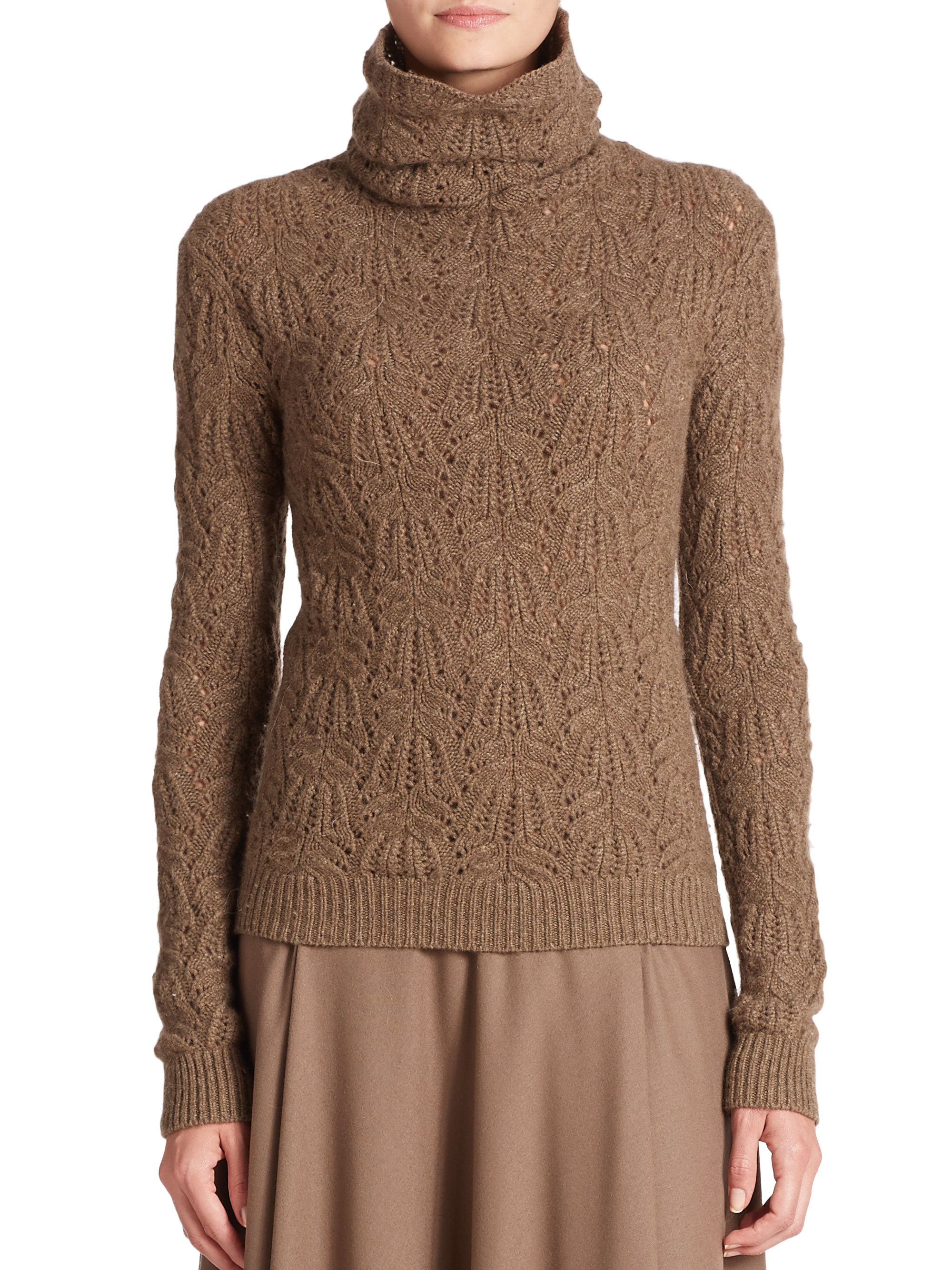 Ralph lauren Cashmere Crochet Turtleneck Sweater in Brown | Lyst