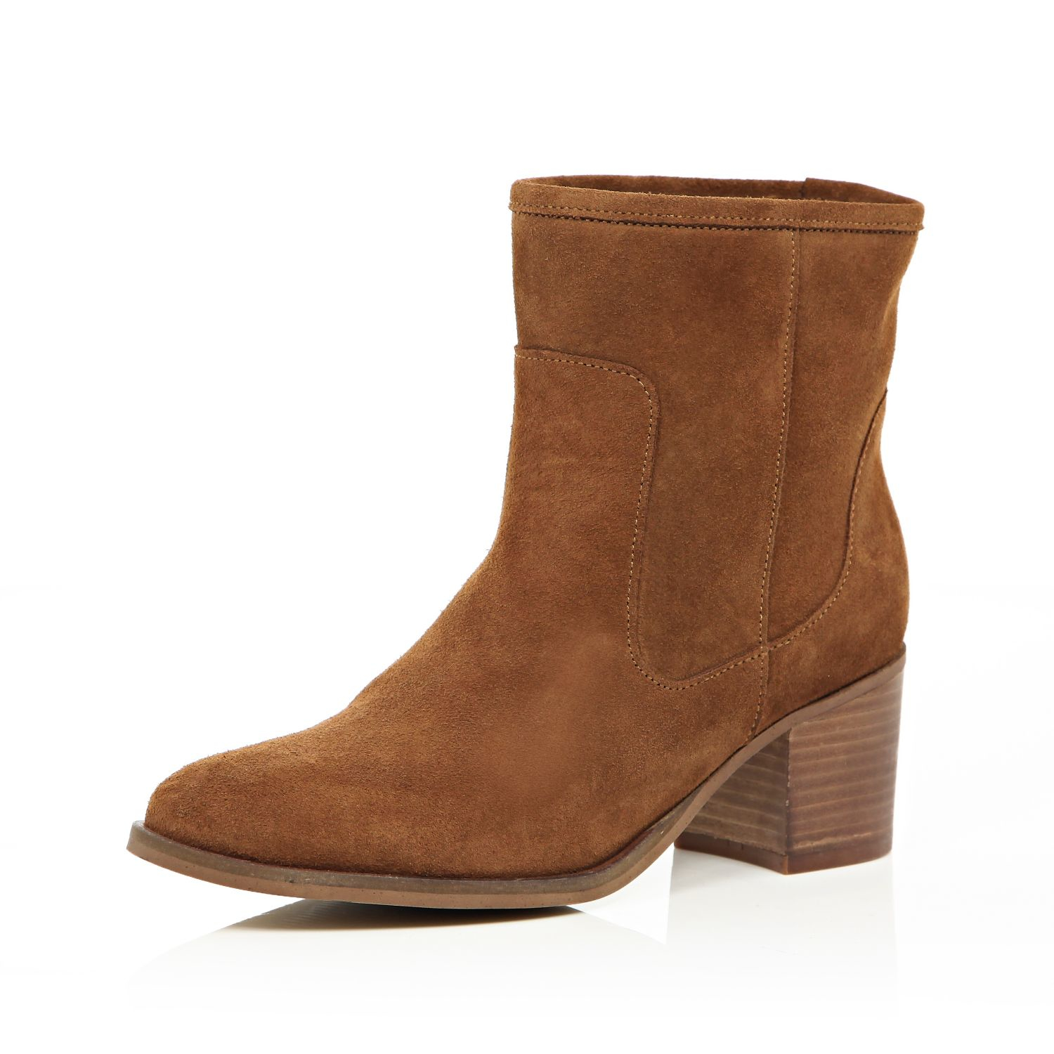 River island Tan Brown Suede Heeled Ankle Boots in Brown