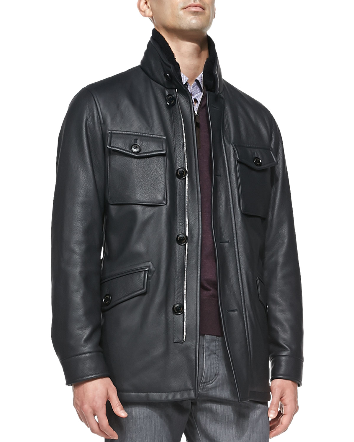 Lyst - Ermenegildo Zegna Deerskin Leather Safari Jacket With Fur Collar ...