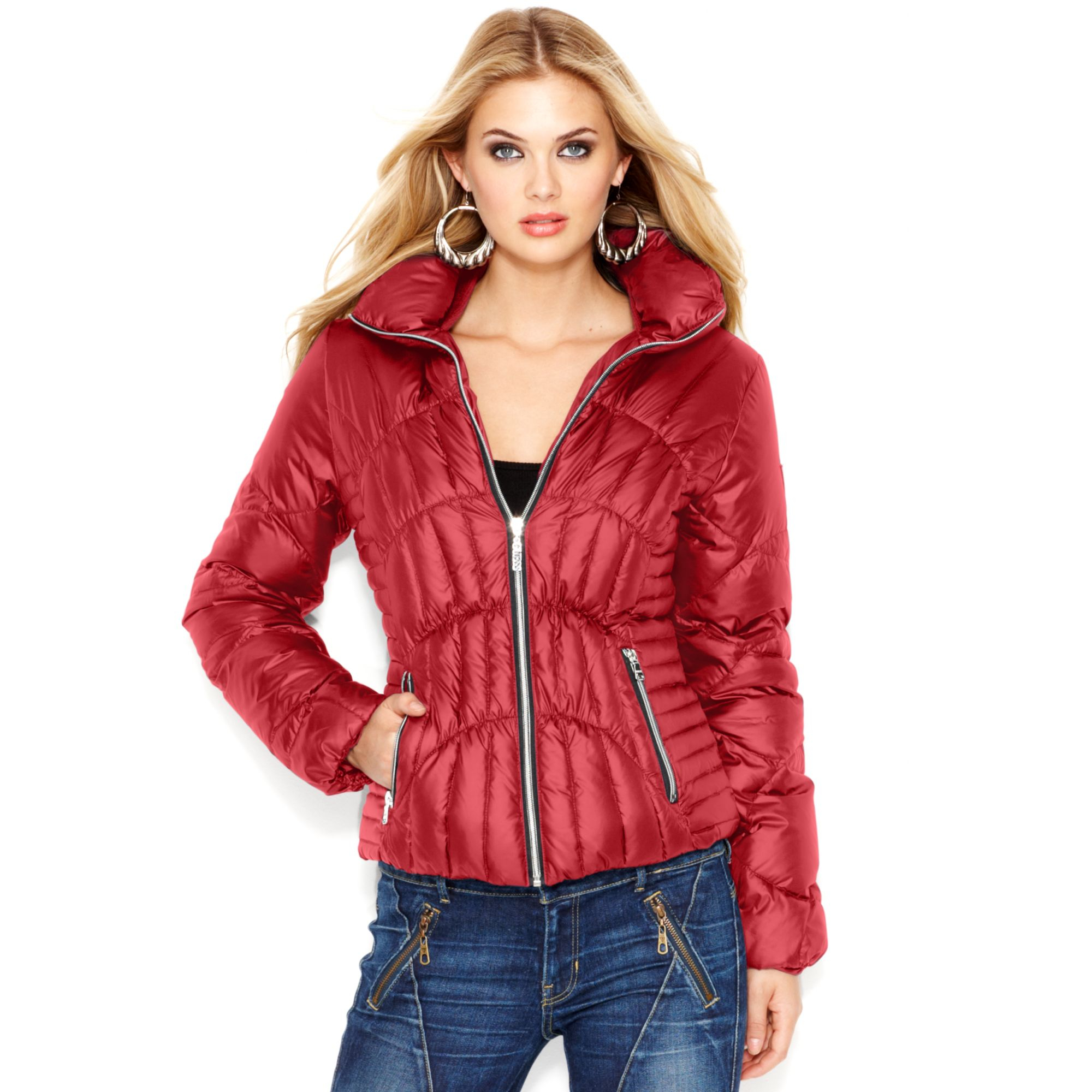 Guess Quilted Down Puffer Jacket in Red (True Red) | Lyst