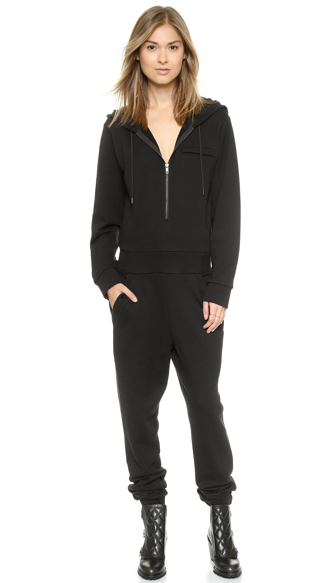 Lyst - Dkny Hooded Jumpsuit With Logo - Black/White in Black