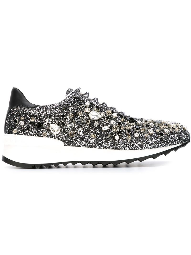 Casadei Embellished Glitter Sneakers in Black | Lyst