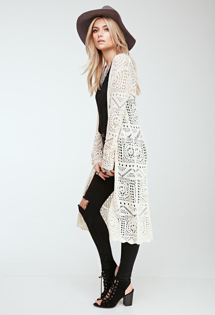 Forever 21 Longline Crochet Cardigan in Natural | Lyst