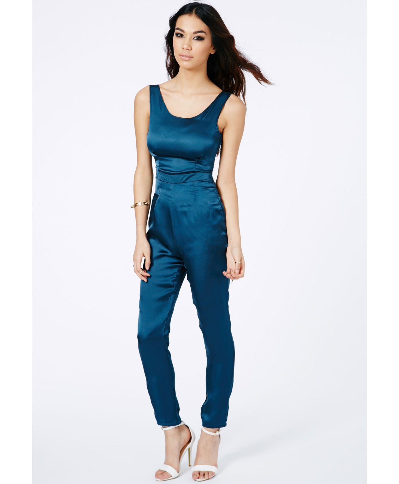 Missguided Sol Silk Feel Jumpsuit with Open Back in Green | Lyst