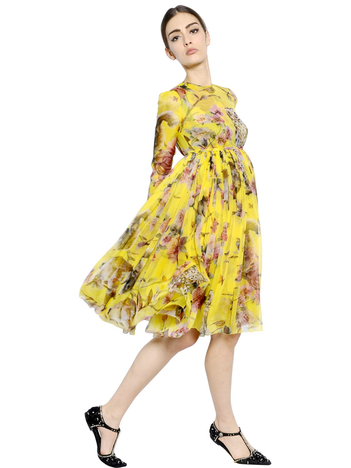 Lyst - Dolce & Gabbana Floral Printed Silk Chiffon Dress in Yellow