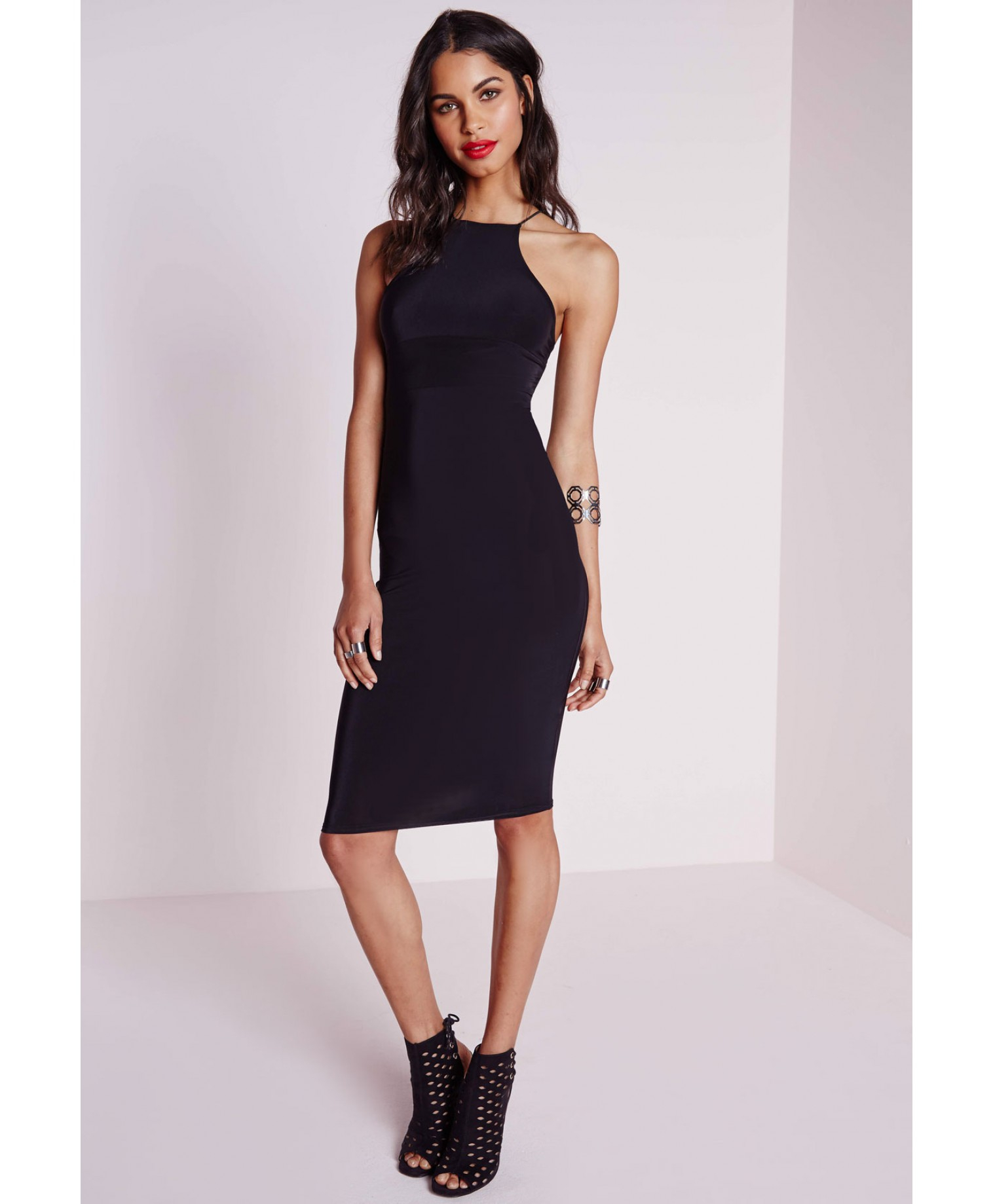 Missguided Slinky Strappy Midi Dress Black in Black | Lyst