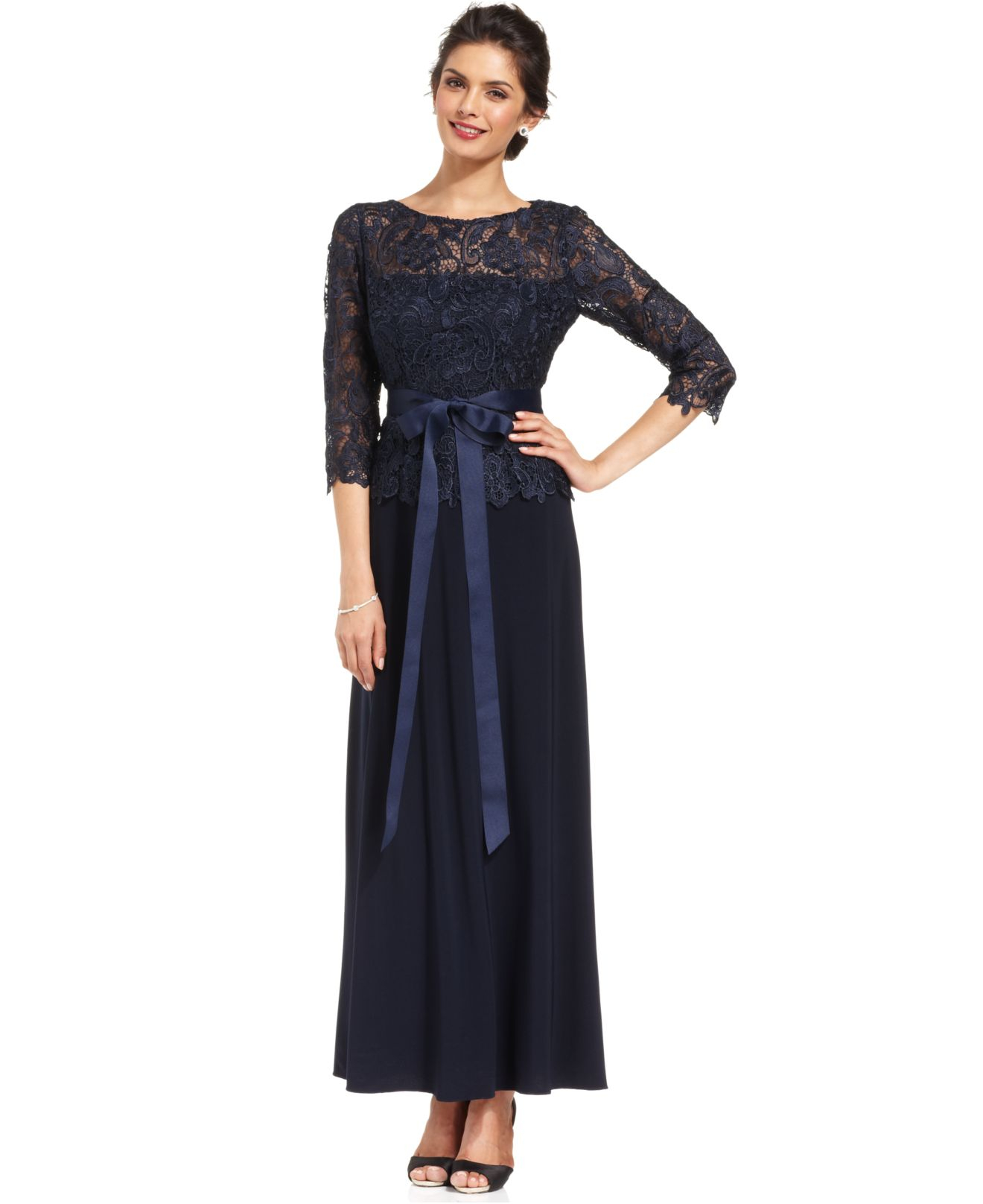 Lyst - Patra Illusion Lace Belted Gown in Blue