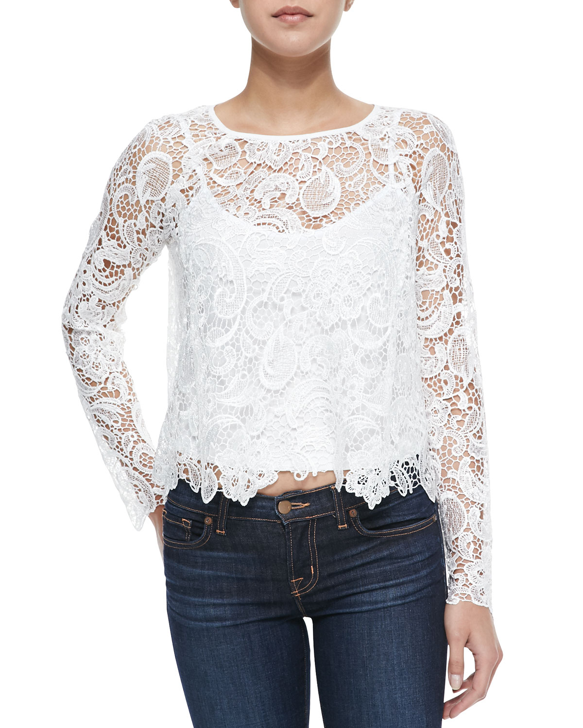 Cusp Long-Sleeve Scalloped Lace Top in White (IVORY) | Lyst
