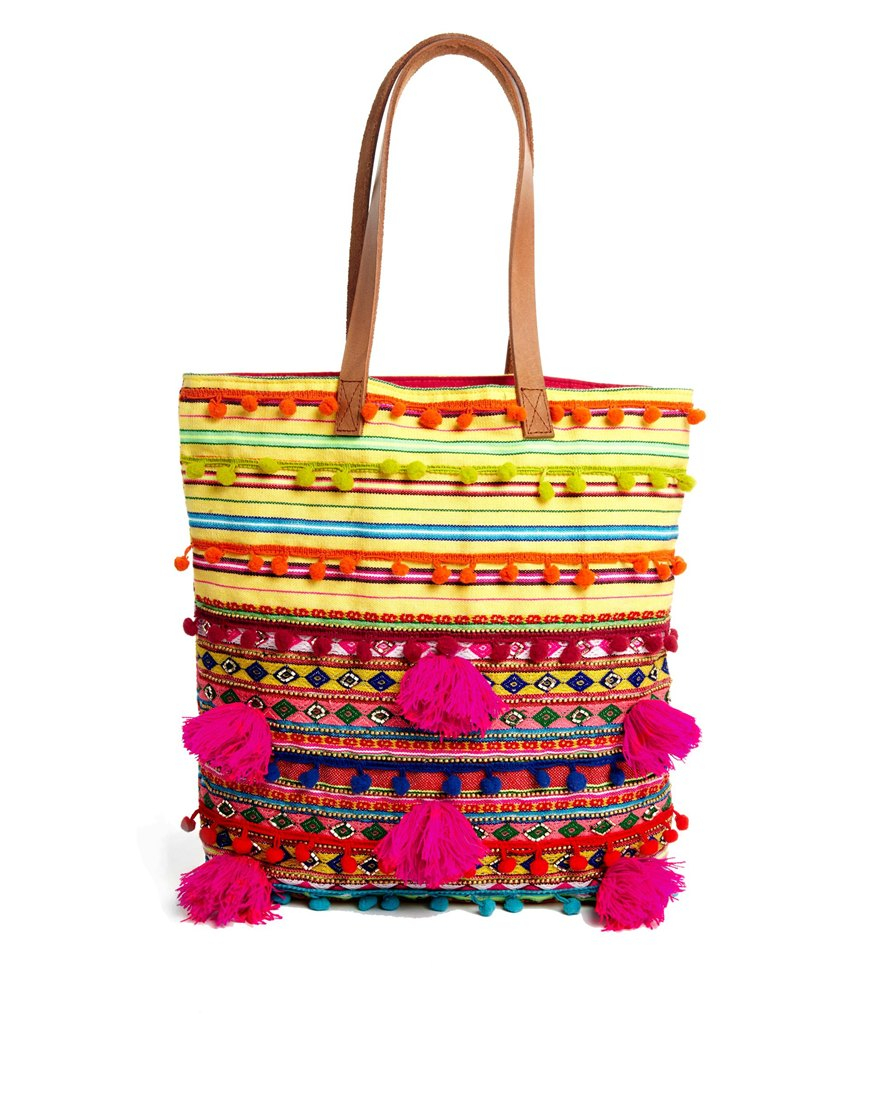 Lyst - Asos Woven Shopper Bag with Beads and Pom Poms