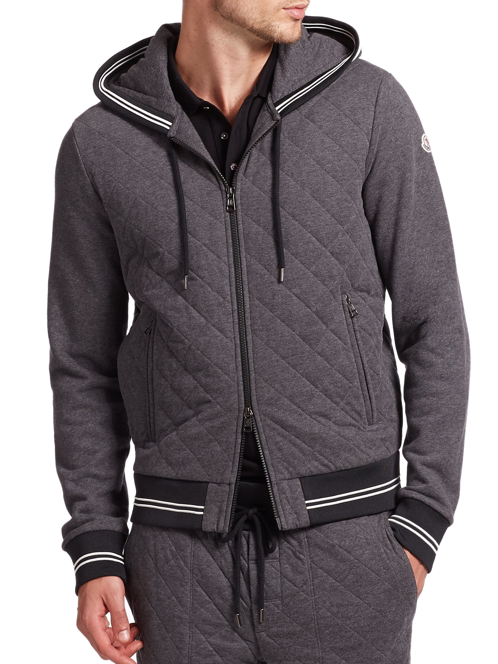 Moncler Maglia Quilted Banded Cotton Hoodie in Gray for Men - Lyst