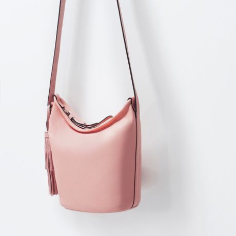 Zara Leather Bucket Bag With Tassel in Pink (Light Pink)
