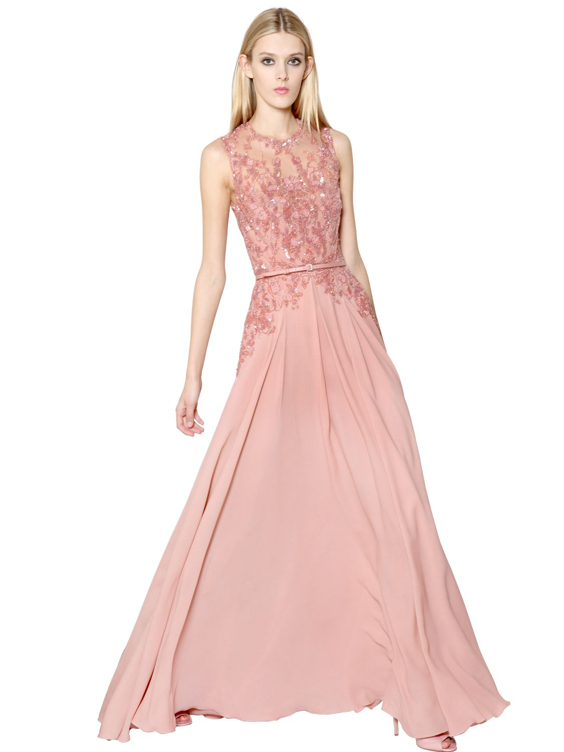 Lyst Elie Saab Silk Blend Crepe Cady Lace Tulle Dress In Pink Gallery