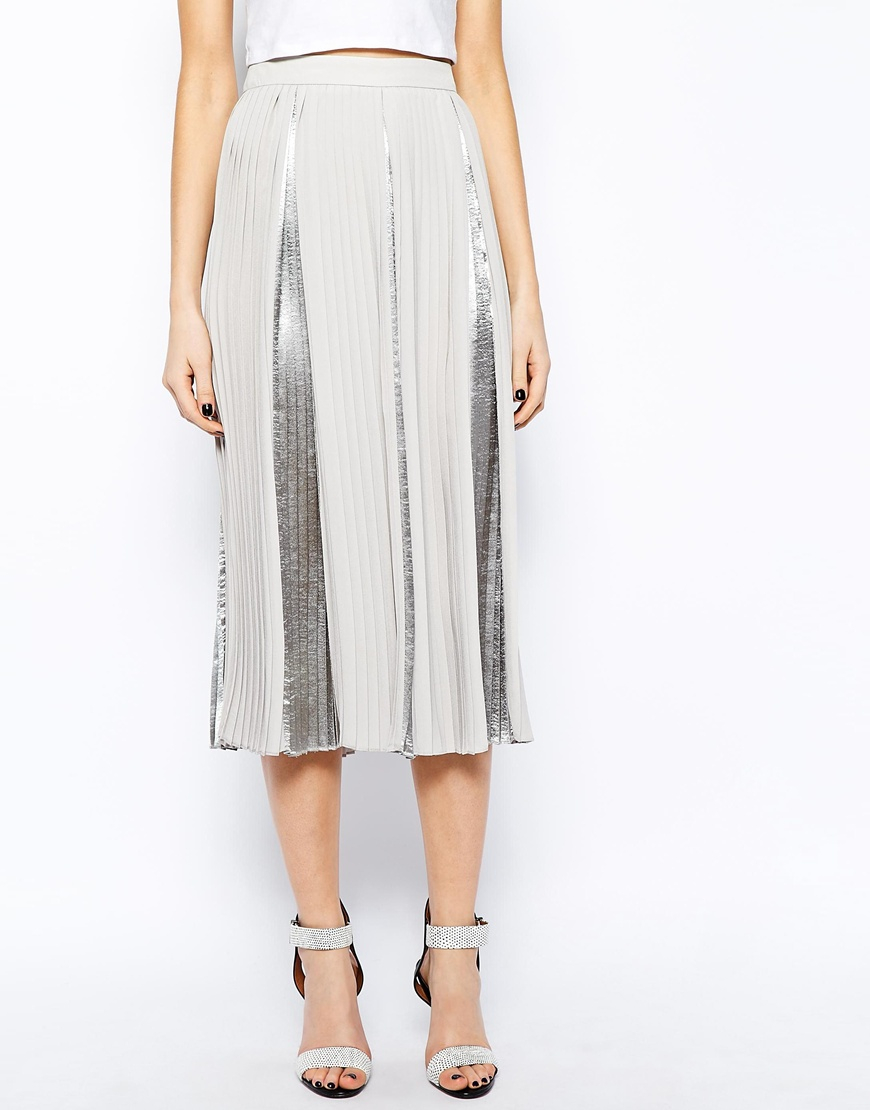 Asos Premium Pleated Midi Skirt With Metallic Inserts In Gray Grey Lyst 3008