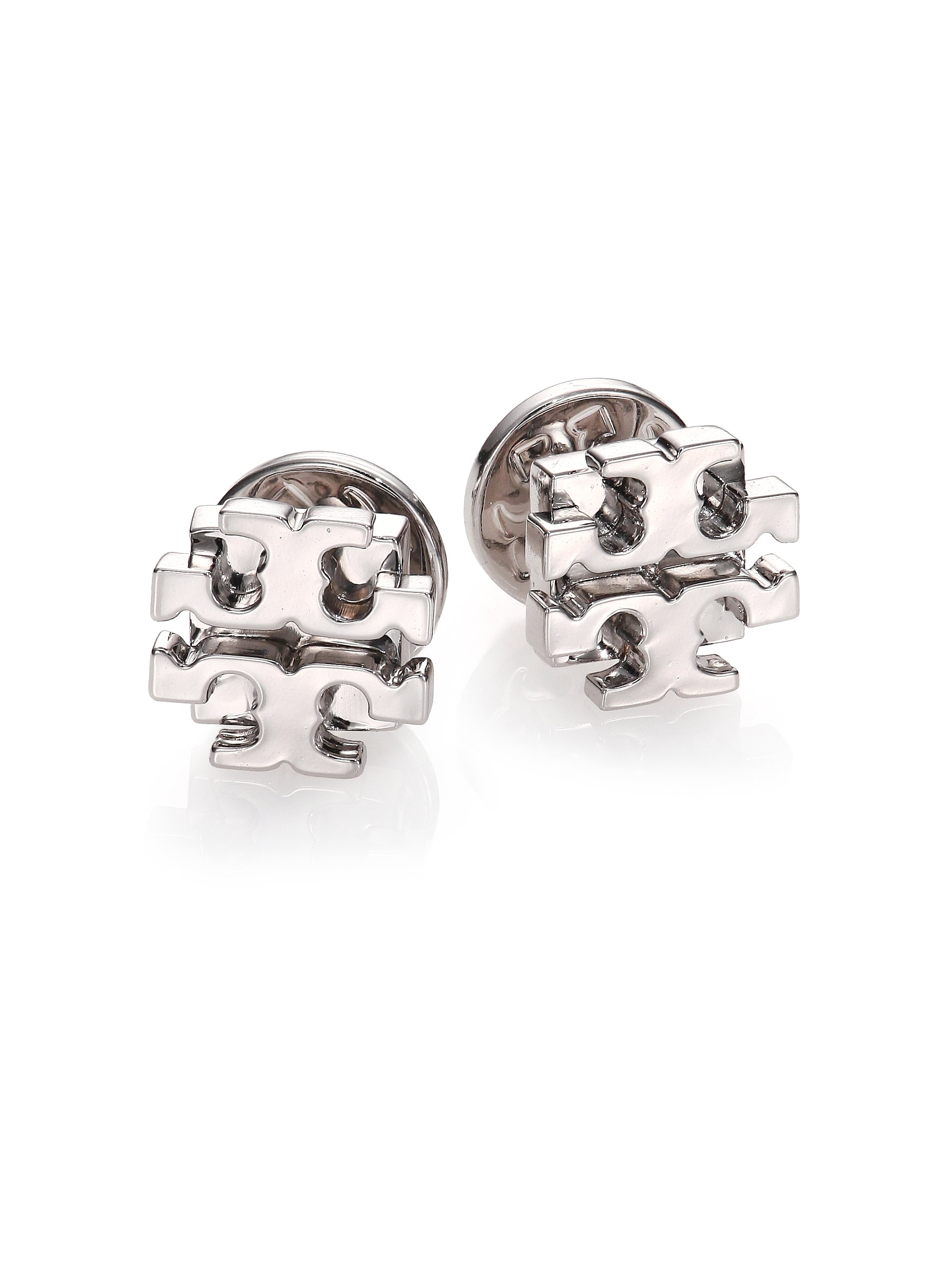 Lyst Tory Burch Small T Logo Stud Earrings Silvertone In Metallic Gallery