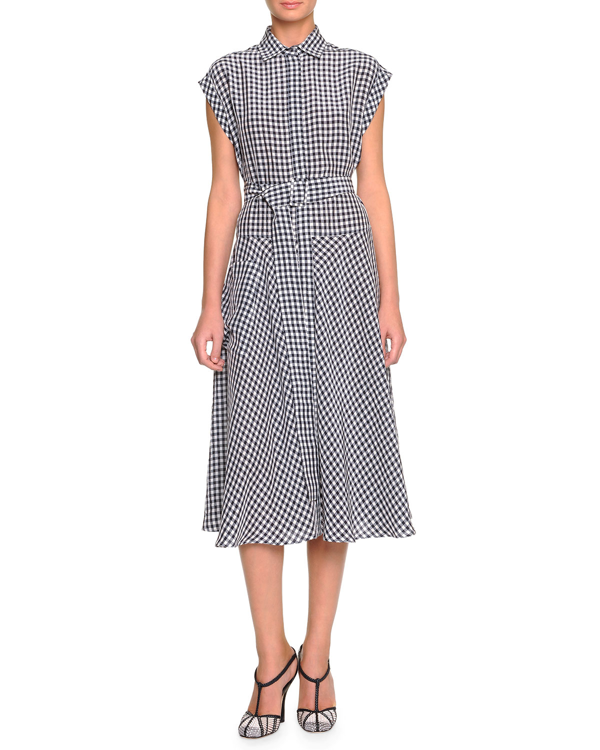 Lyst Bottega CapSleeve GinghamCheck Shirt Dress in Blue