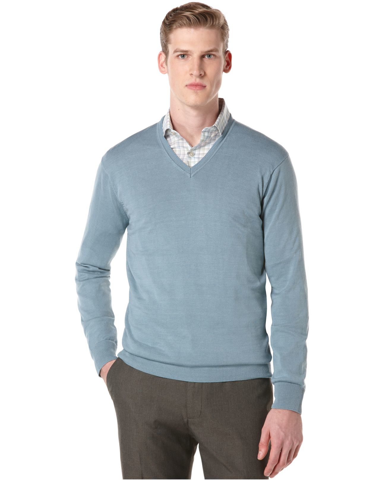 Lyst - Perry Ellis Long-sleeve Solid V-neck Sweater in Blue for Men