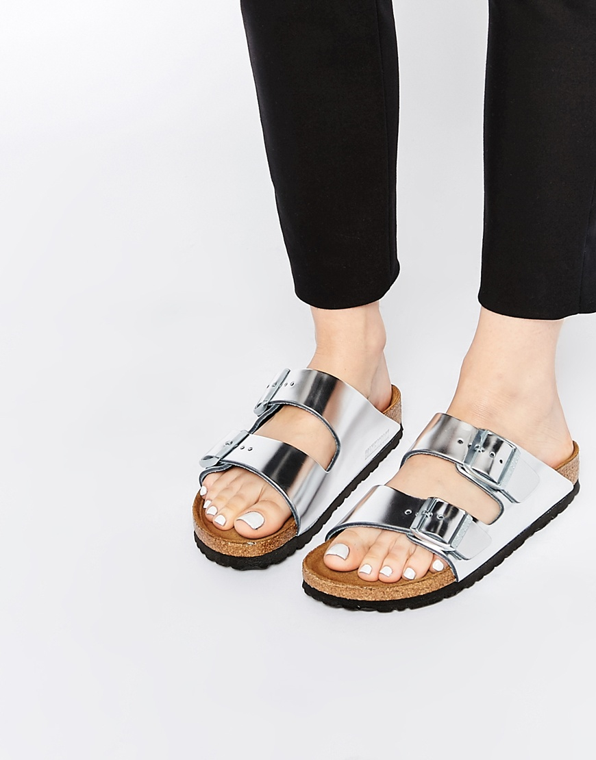 Birkenstock Arizona Metallic Silver Slider Flat Sandals in Metallic | Lyst