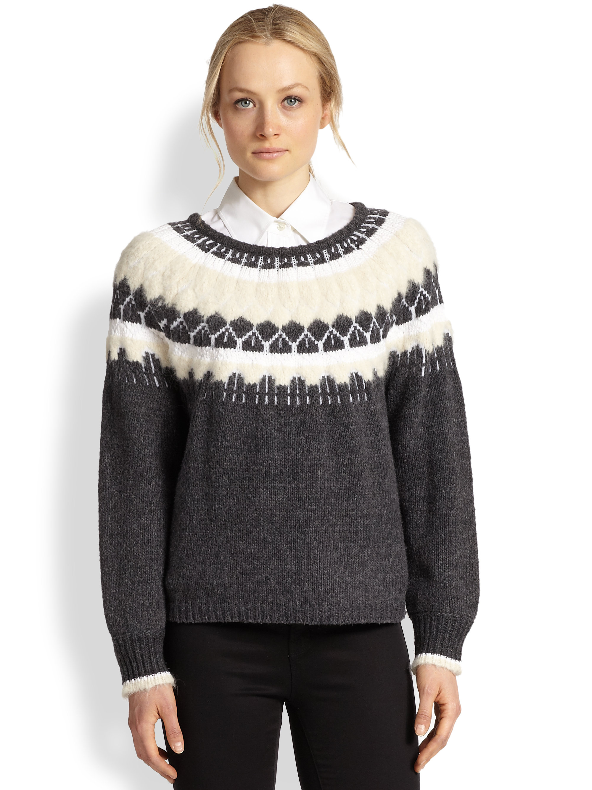Lyst - J brand Kasia Wool Cottonblend Intarsia Sweater in Gray
