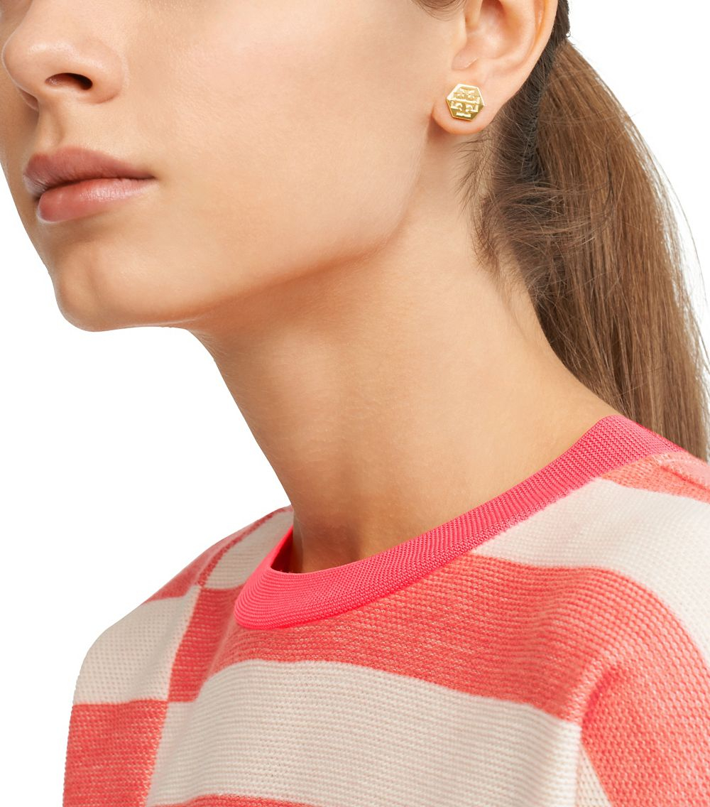 Lyst Tory Burch Hexagon Logo Stud Earring In Metallic Be Inspired