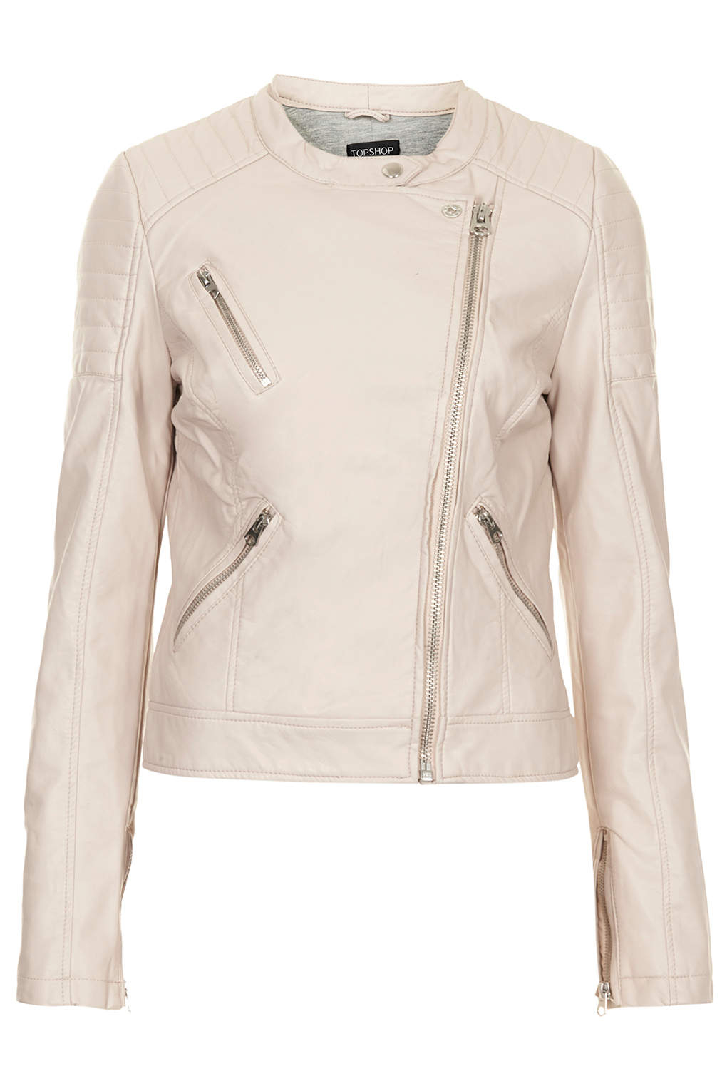 Topshop Collarless Faux Leather Biker Jacket in Pink | Lyst