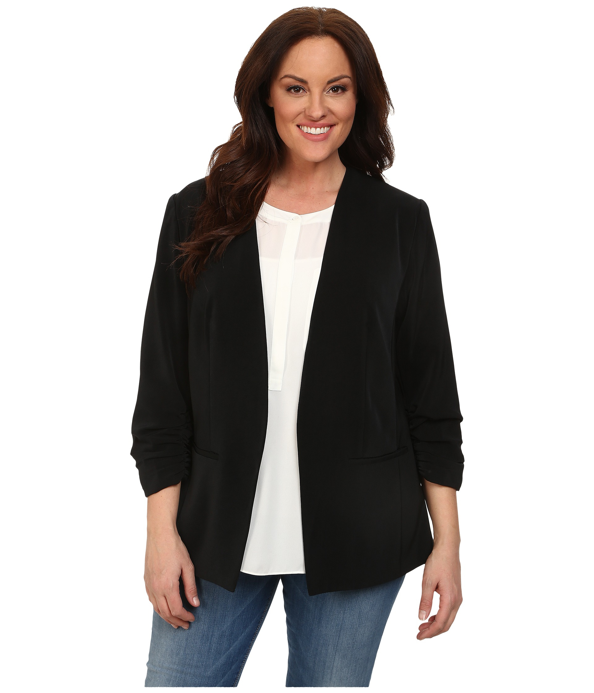 Lyst - DKNY Plus Size Open Front Ruched Sleeve Blazer in Black