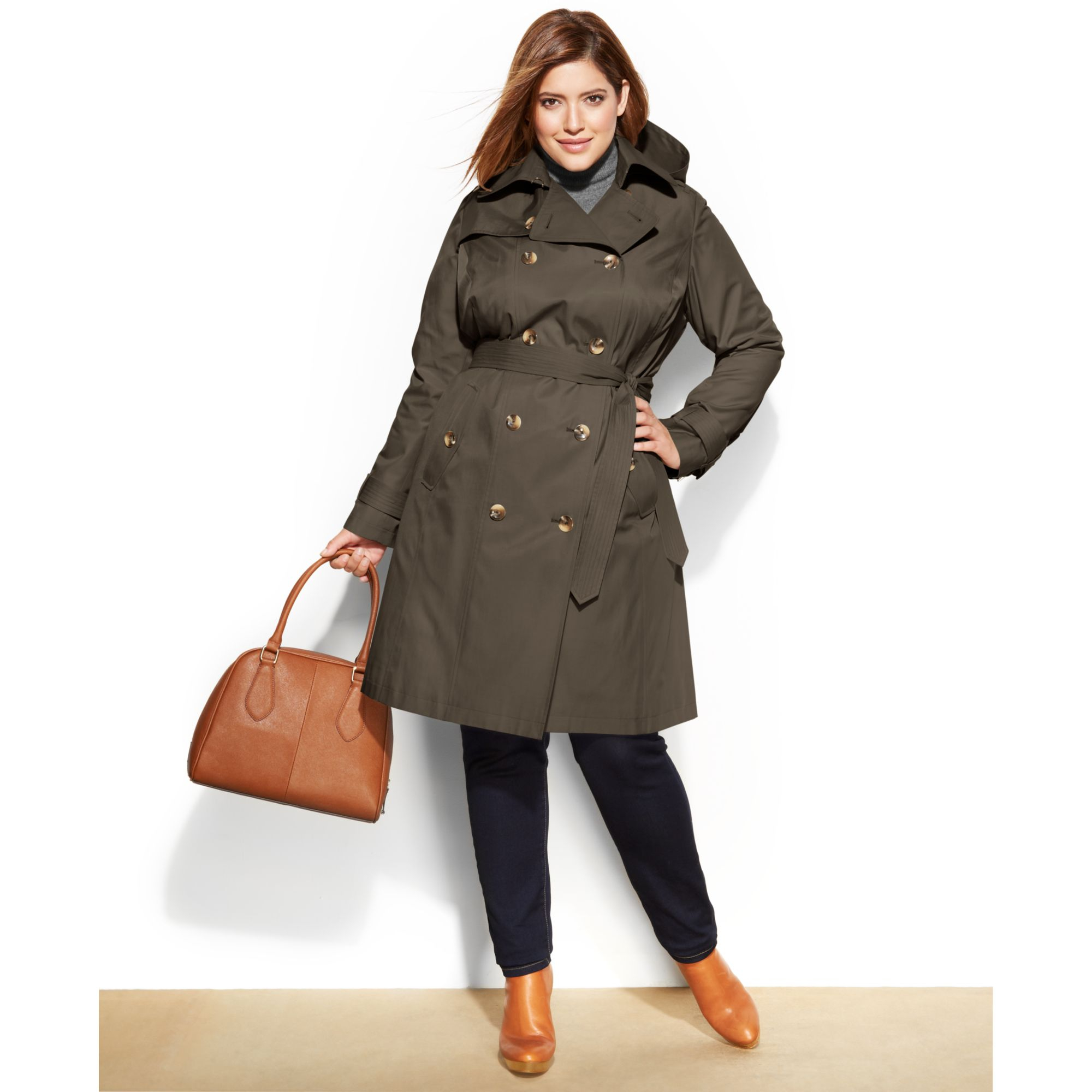 London Fog Plus Size Belted Trench Coat in Gray (Fatigue Green) | Lyst