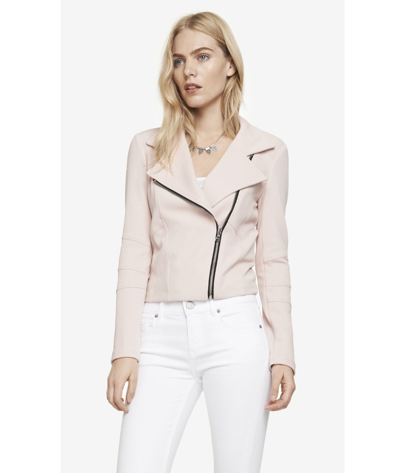 Lyst Express Textured Knit Moto Jacket in Pink