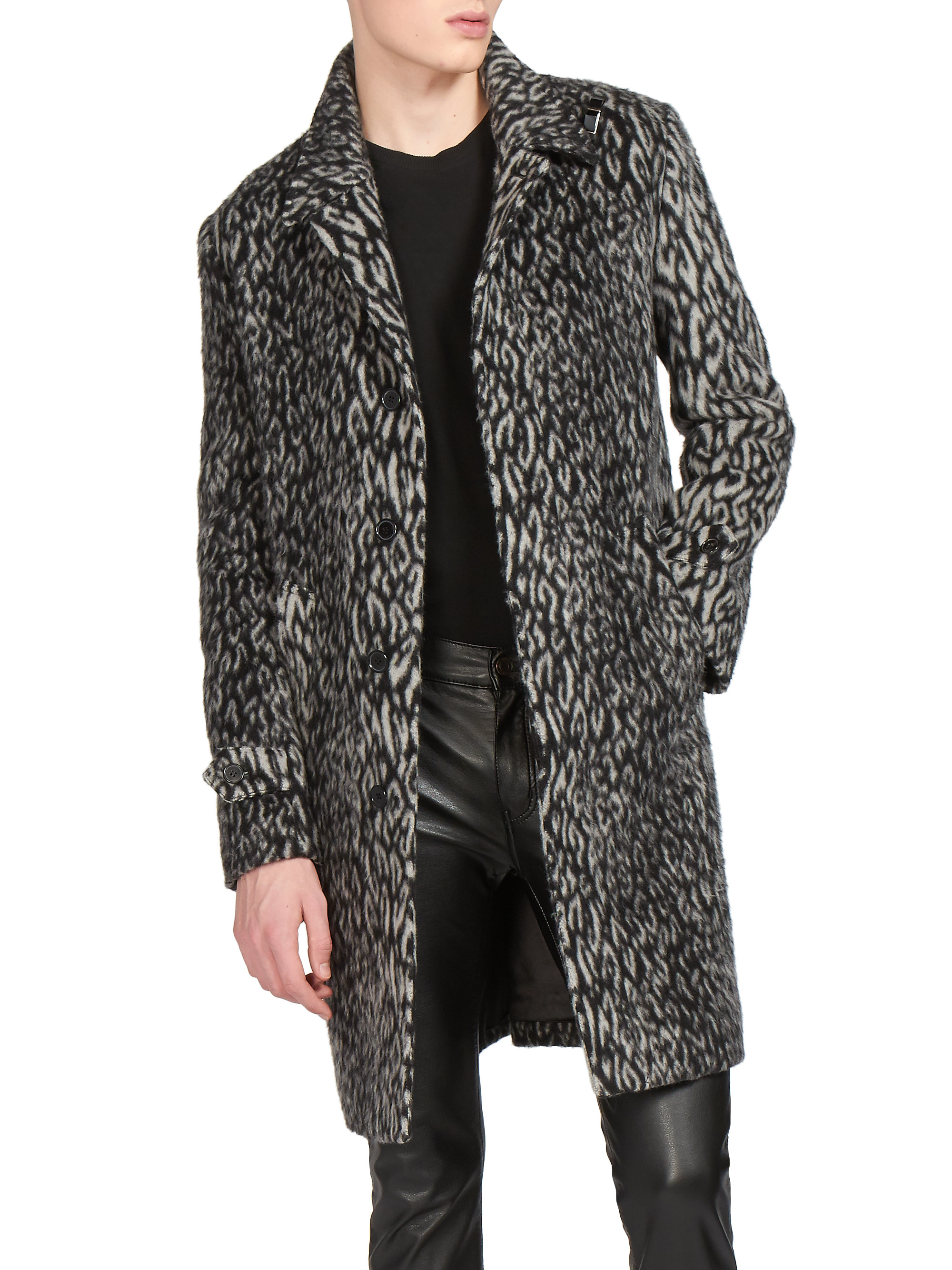 Lyst - Saint Laurent Leopard-print Wool-blend Coat in Gray for Men