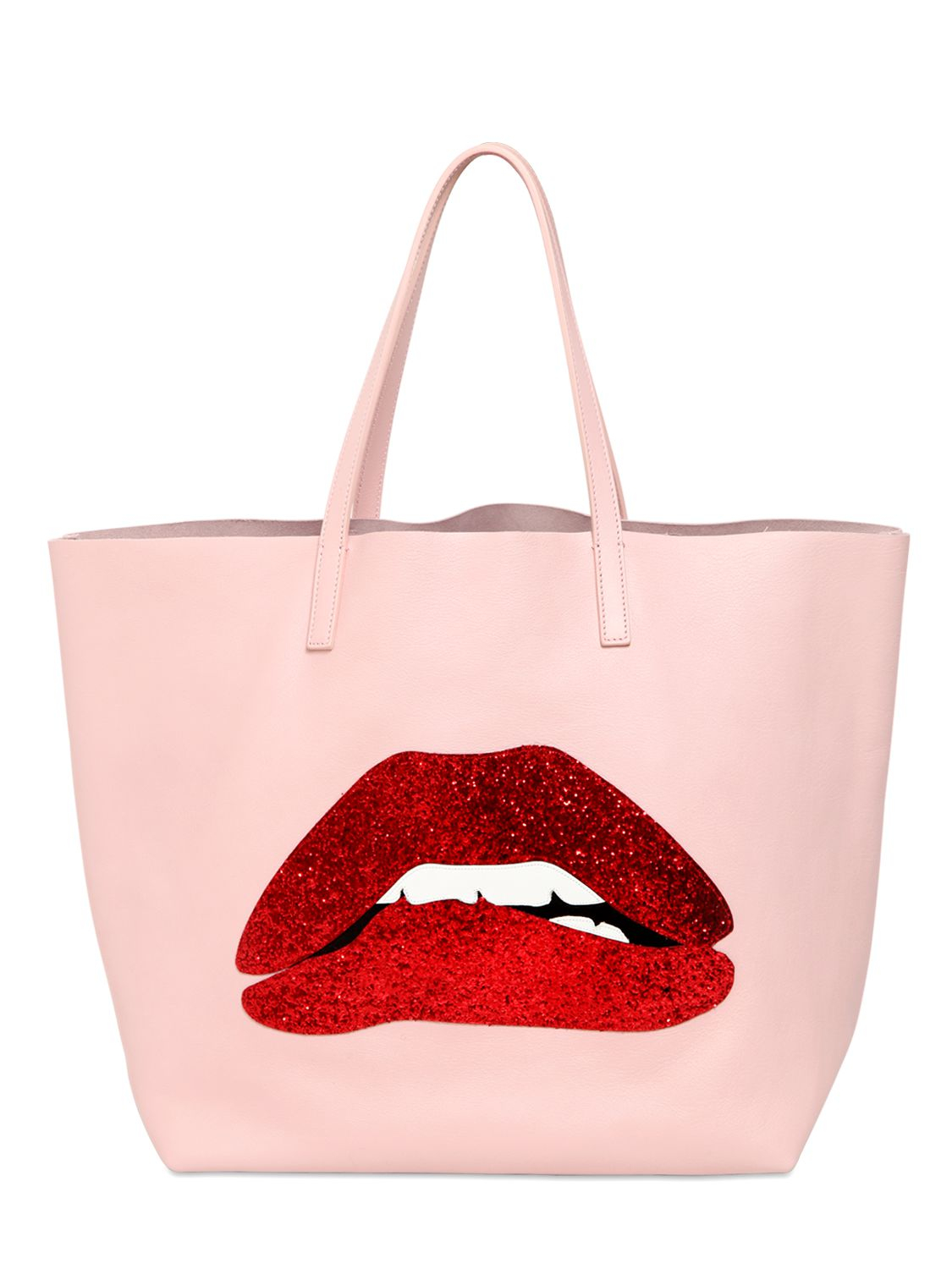 Red valentino Glitter Mouth Appliqué Leather Tote Bag in Pink | Lyst