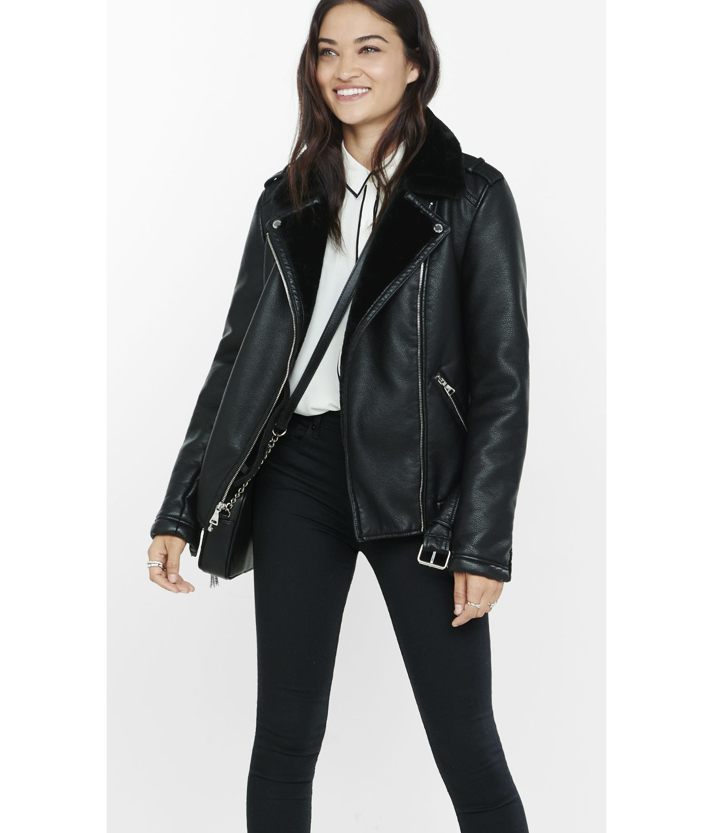 Lyst Express Black Faux Fur Lined Biker Jacket In Gallery