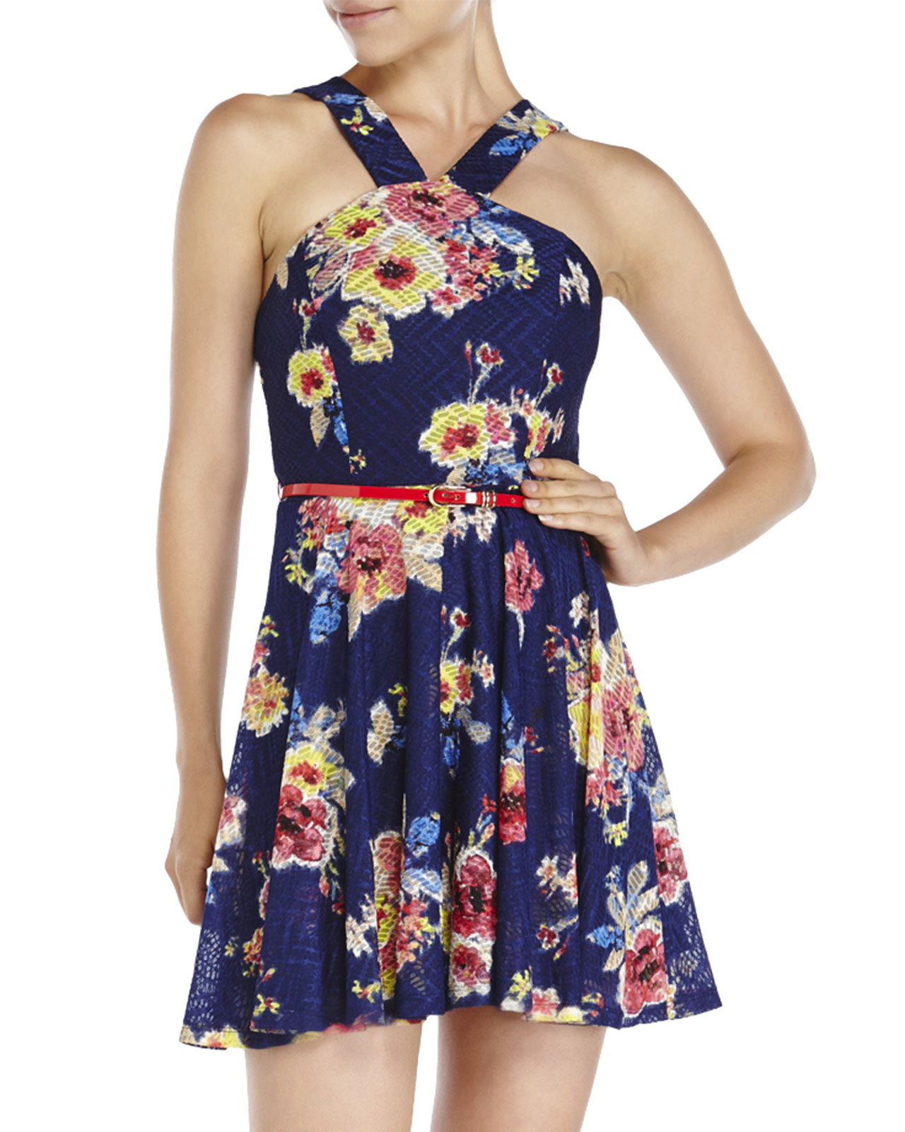 Lyst - City Triangles Belted Floral Fit & Flare Dress in Blue
