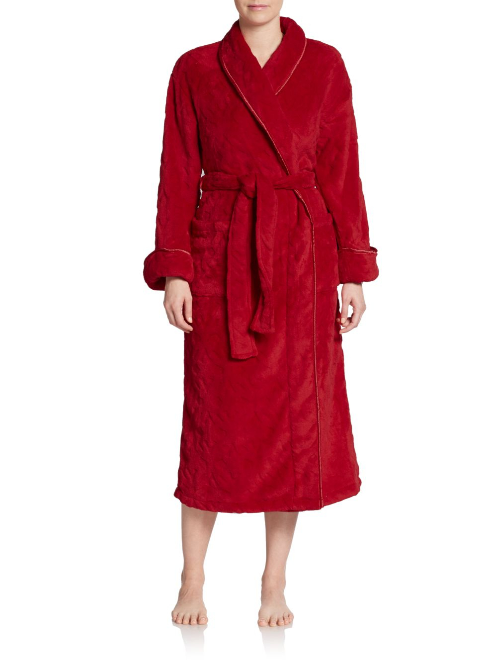 Lyst - Natori Satin-trimmed Fleece Robe in Red