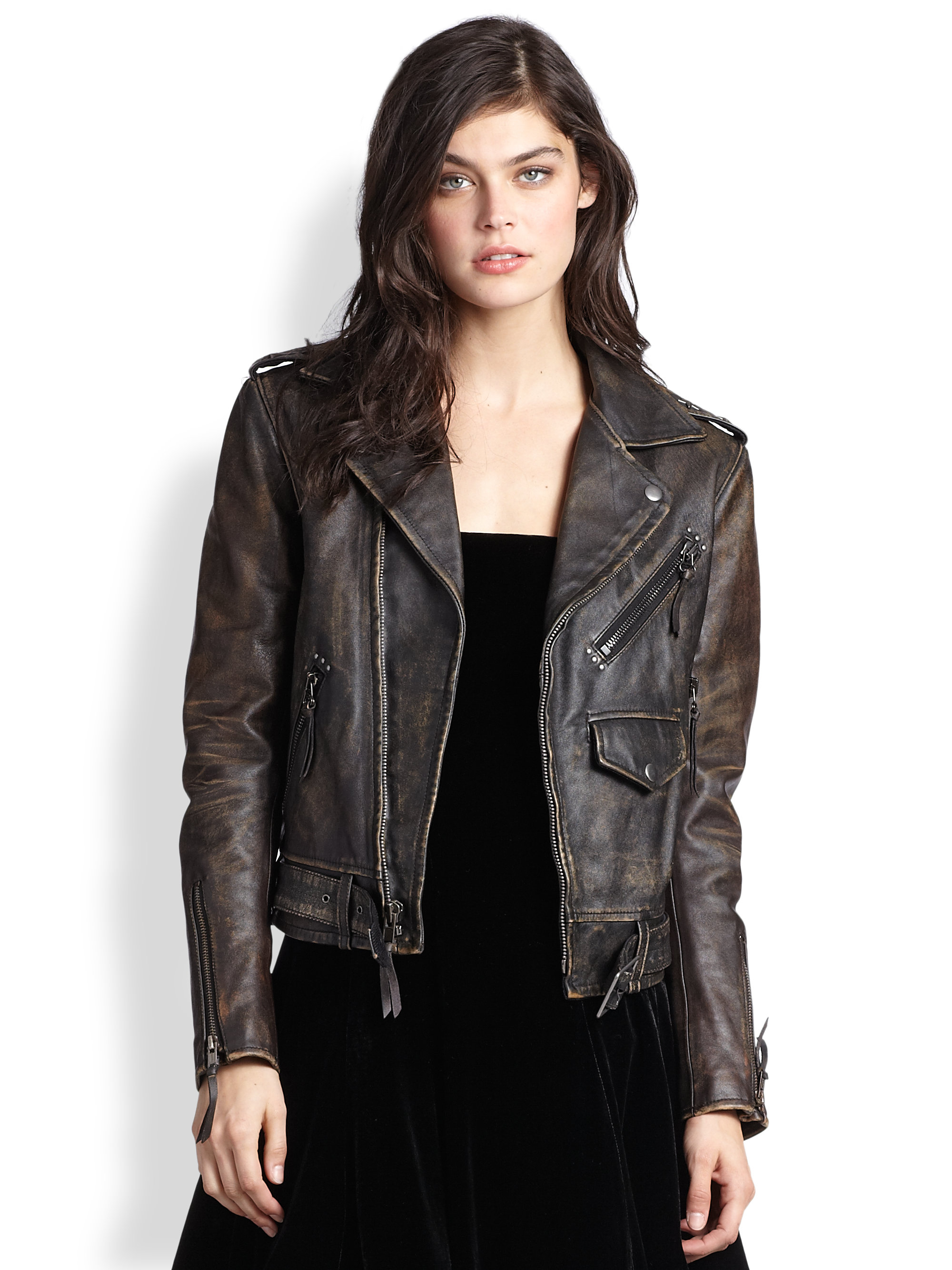 Polo ralph lauren Distressed Leather Moto Jacket in Brown | Lyst