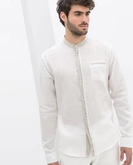 Zara Linen Shirt with Mao Collar and Contrasting Details in White for ...