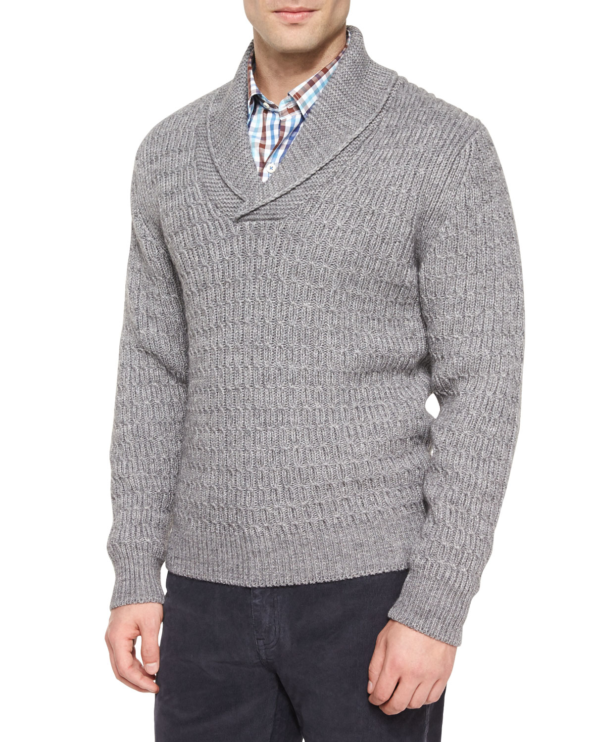 Peter millar Shawl-collar Cable-knit Pullover Sweater in Gray for Men ...