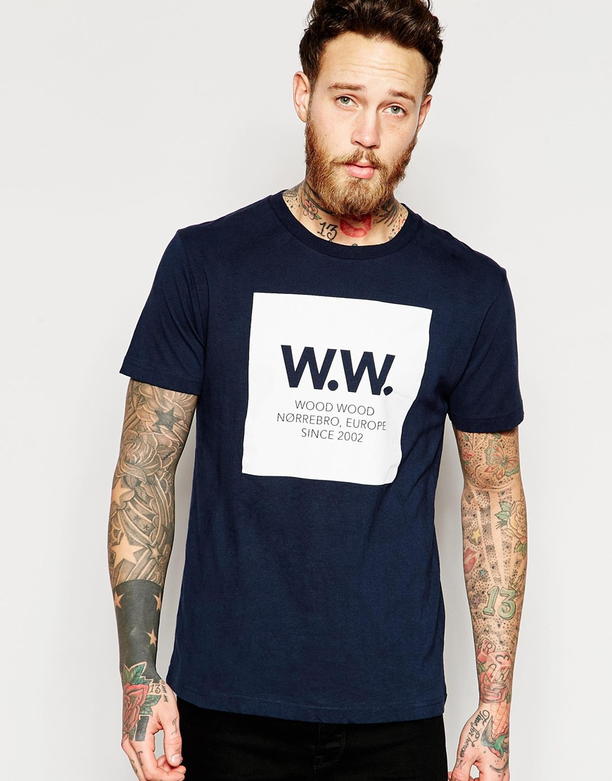 Lyst - Wood Wood T-shirt With Box Logo In Navy in Blue for Men