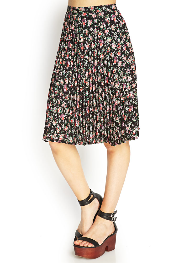 Forever 21 Pleated Floral Midi Skirt in Pink | Lyst