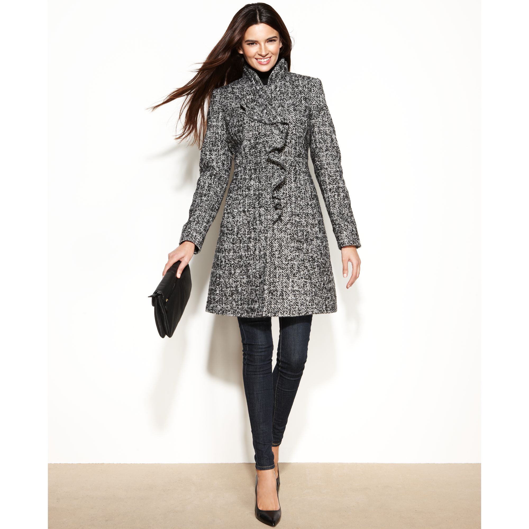 Dkny Wool-Blend Ruffled Walker Coat in Gray | Lyst