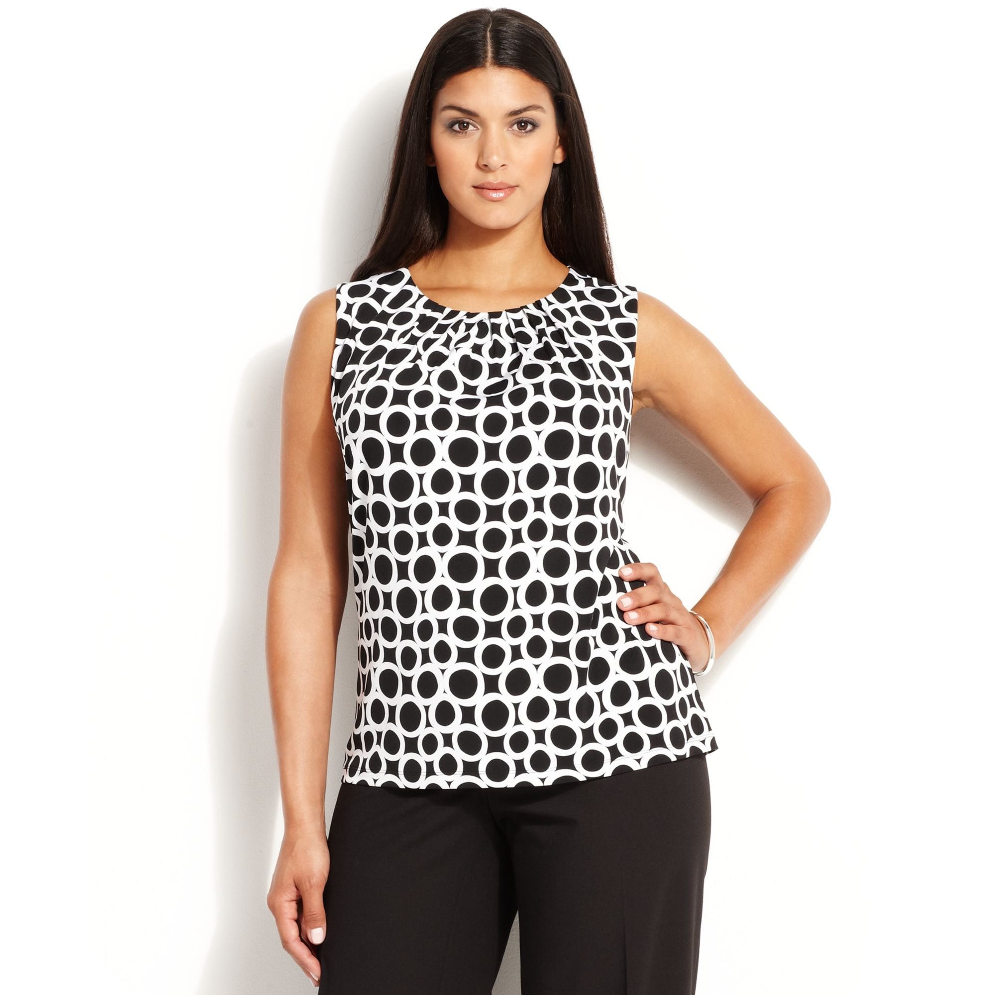 Calvin Klein Plus Size Printed Pleatedneck Top in Black (Black/White ...