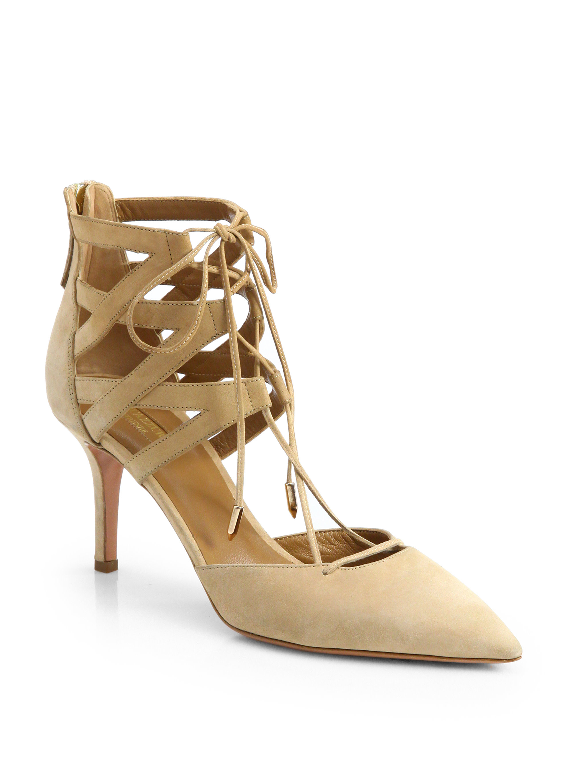 Aquazzura Belgravia Suede Lace-Up Pumps in Beige (NUDE) | Lyst