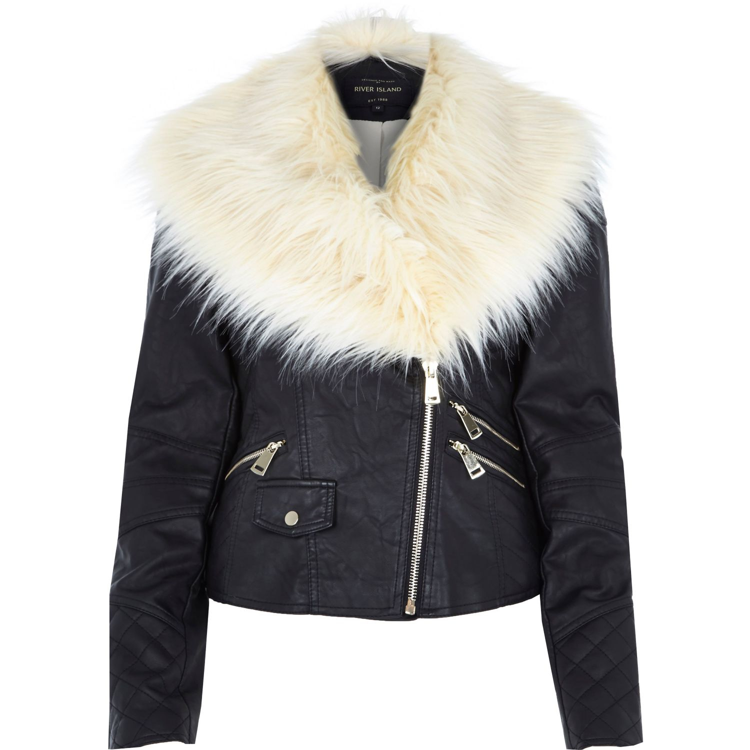River Island Black Leather Look Faux Fur Trim Biker Jacket In Gallery