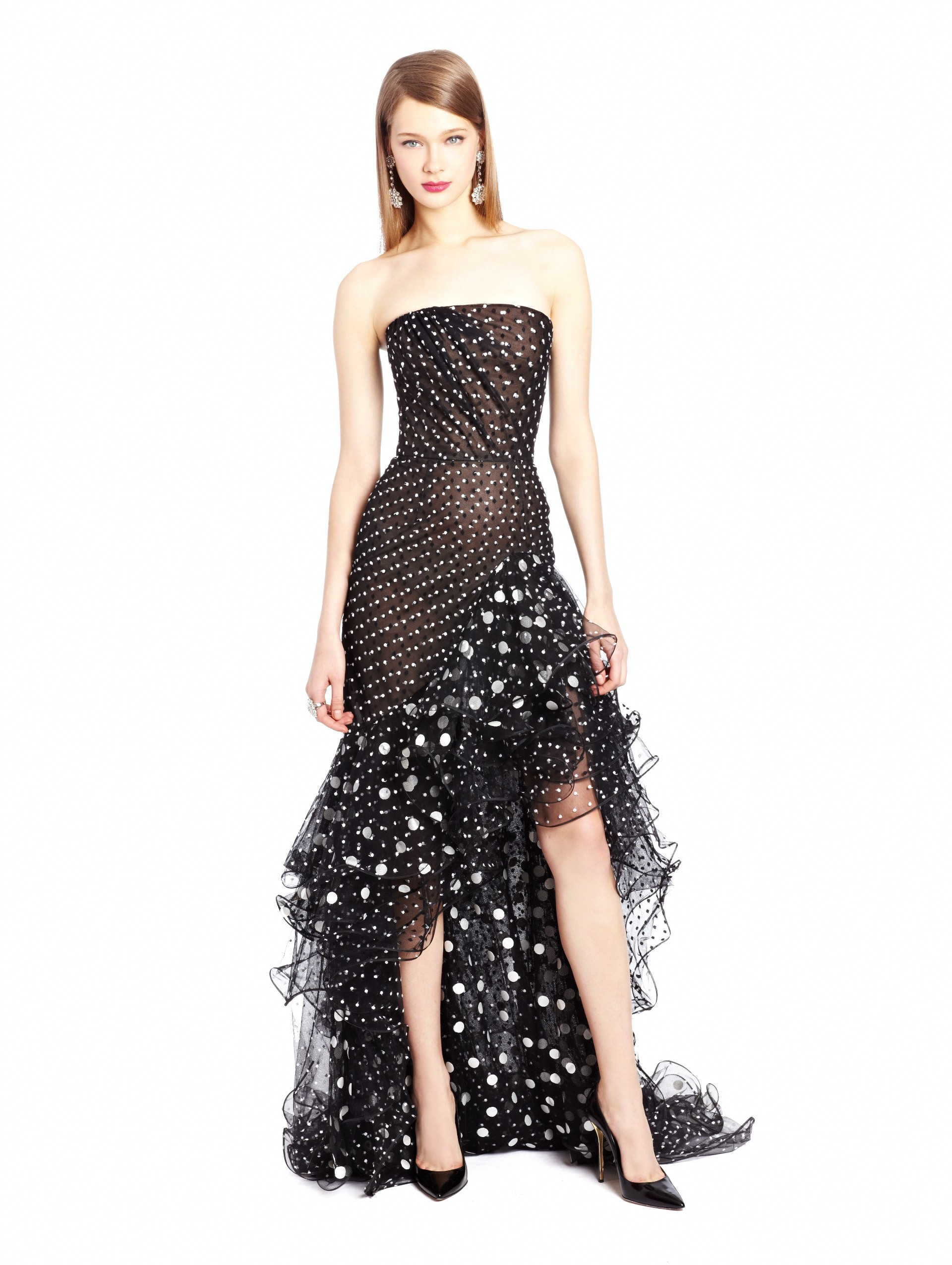 Oscar De La A Polka Dot Strapless High Low Ruffle Gown In Black Gallery Women S High Low Dresses Polka Dot