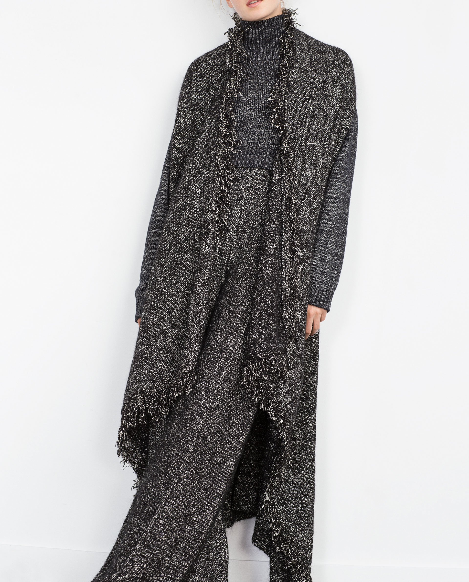 Zara Long Vest With Fringes in Black Lyst