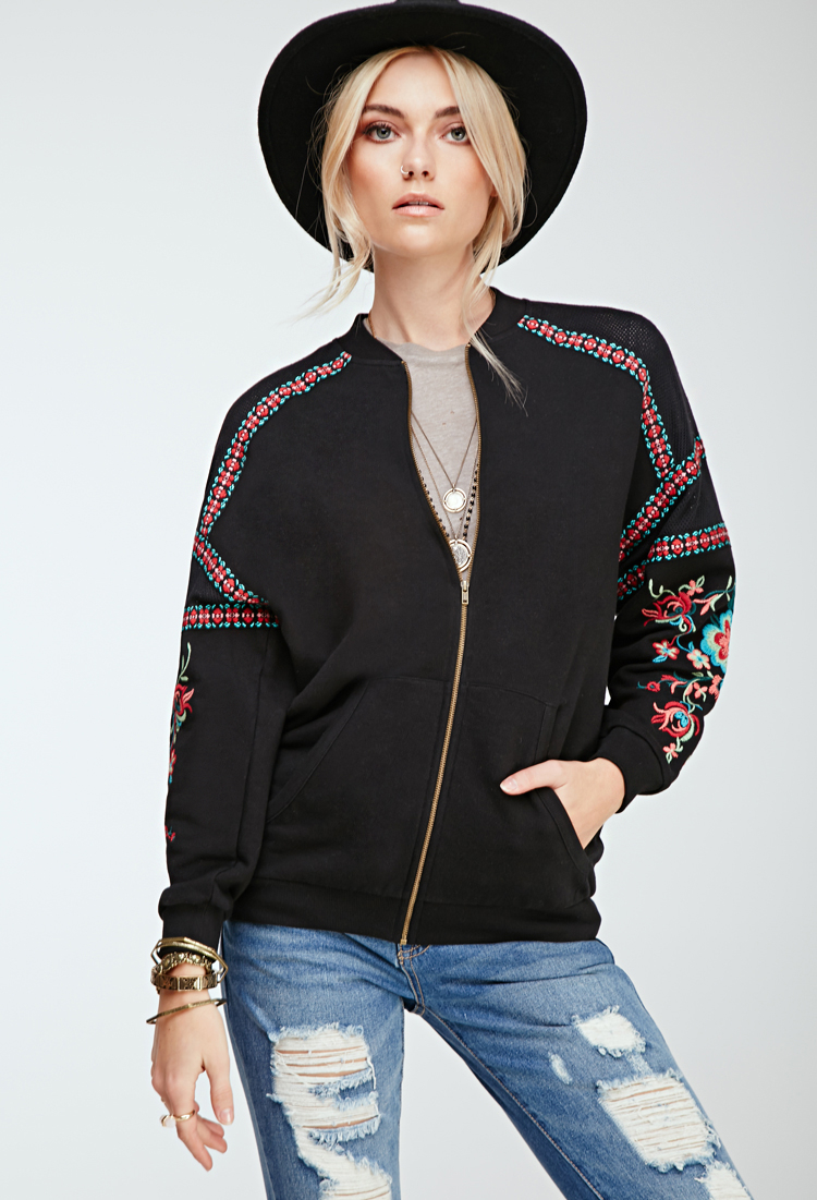 Forever 21 Floral-embroidered Bomber Jacket in Black | Lyst